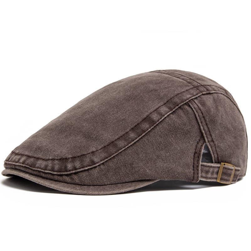 Newsboy Flat Cap with Adjustable Band and Distressed Cotton Denim, Eight Panel