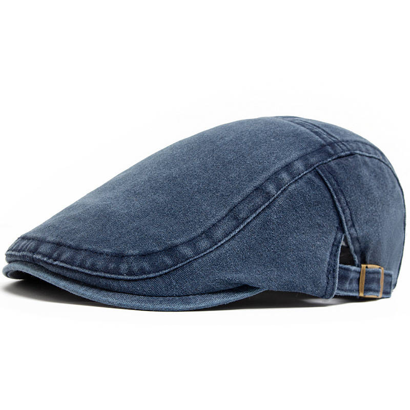 Newsboy Flat Cap with Adjustable Band and Distressed Cotton Denim, Eight Panel