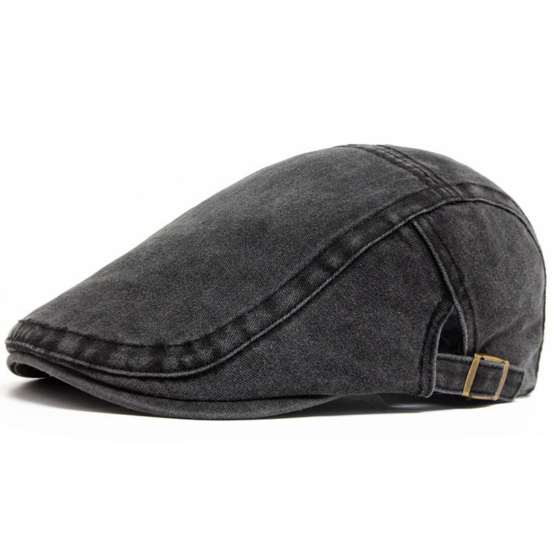 Newsboy Flat Cap with Adjustable Band and Distressed Cotton Denim, Eight Panel