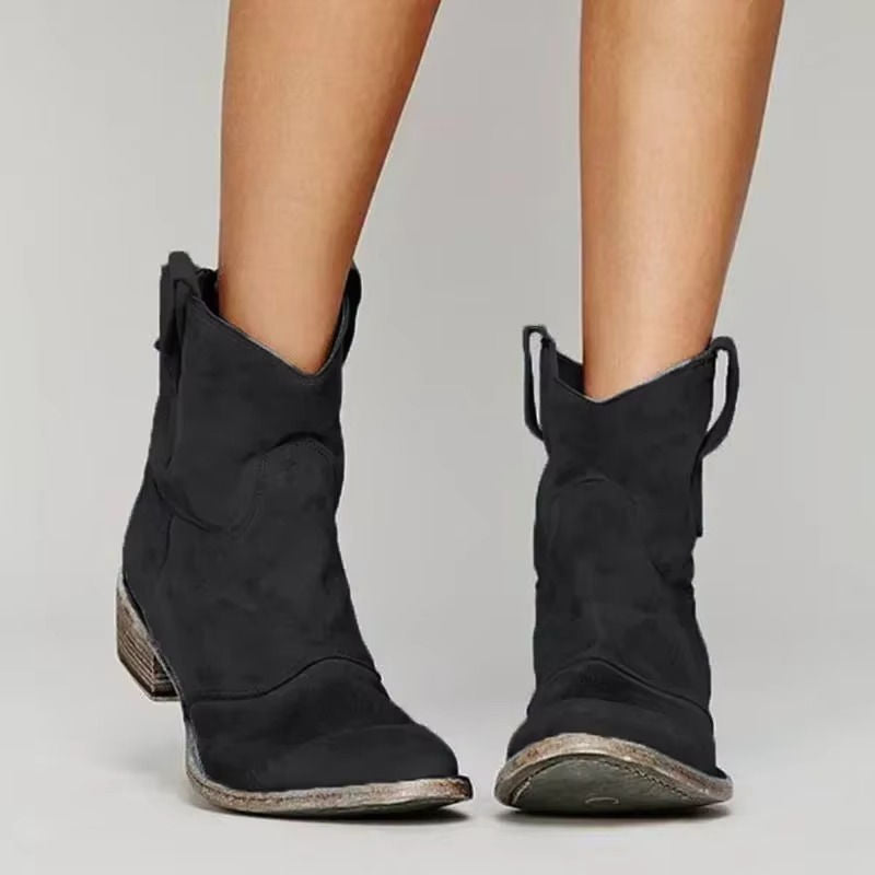 Women's Western Ankle Boots with Embroidered Detail and Cushioned Insole, Slip-On Design