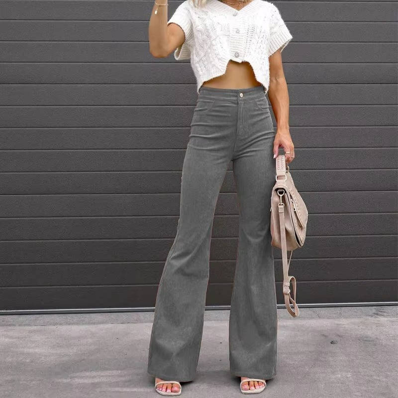 Women's Corduroy Flare Pants with Elastic Stretch and High Rise Waist, Four Pockets