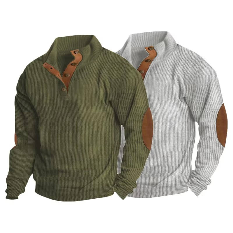 Fleece Lined Pullover Sweater with Button Neck Closure and Elbow Patches