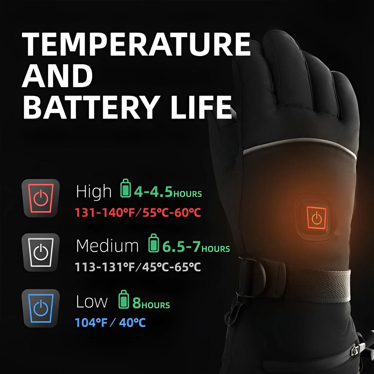 Rechargeable Heated Gloves with Touchscreen Fingertips and Carbon Fiber Heating Elements, 8-Hour Battery