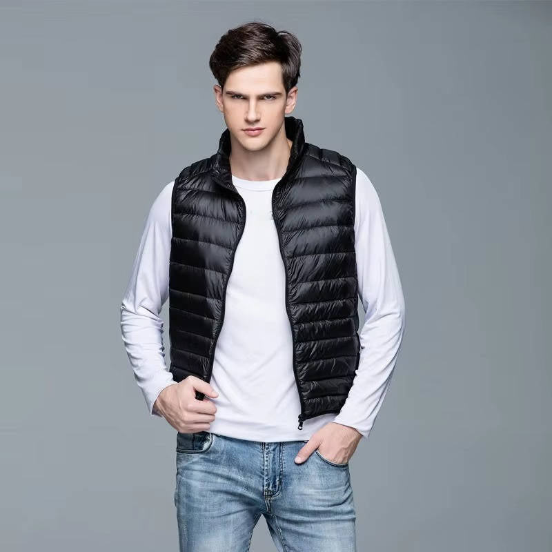 Packable Down Vest with Stand Up Collar and Three Pockets, Wind Resistant