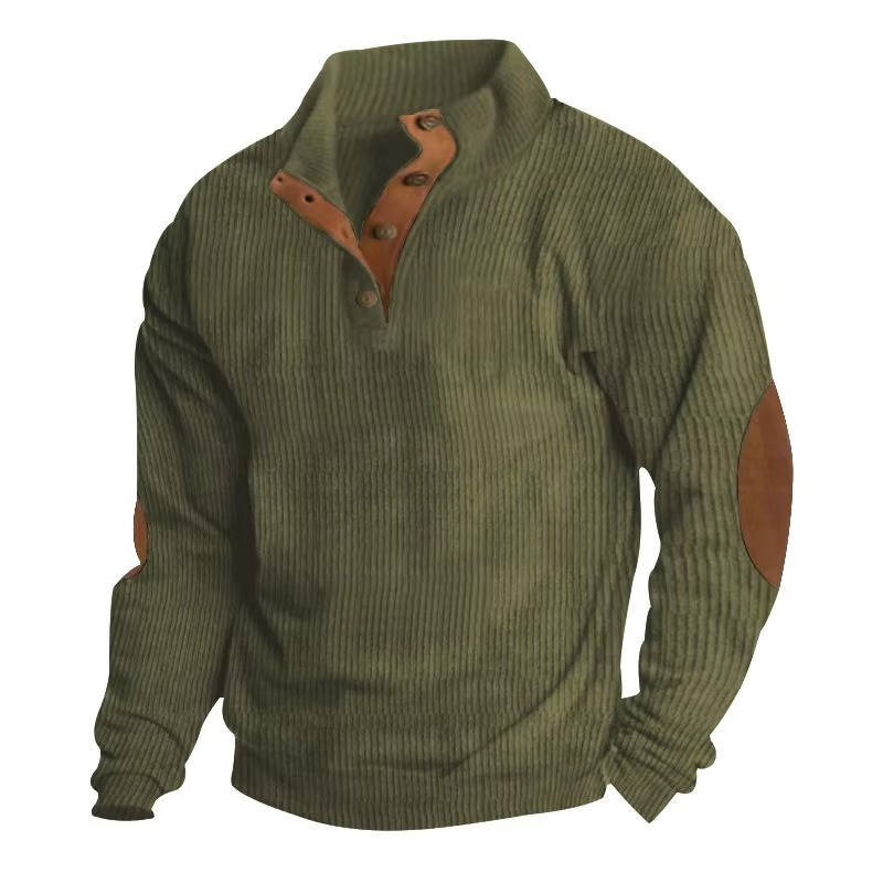 Fleece Lined Pullover Sweater with Button Neck Closure and Elbow Patches