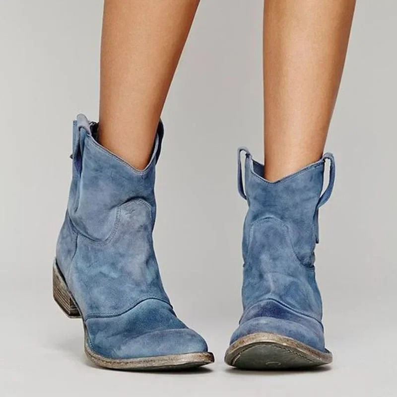 Women's Western Ankle Boots with Embroidered Detail and Cushioned Insole, Slip-On Design