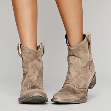 Women's Western Ankle Boots with Embroidered Detail and Cushioned Insole, Slip-On Design