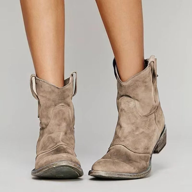 Women's Western Ankle Boots with Embroidered Detail and Cushioned Insole, Slip-On Design
