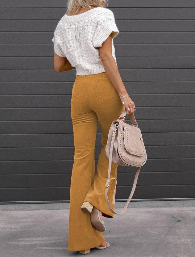 Women's Corduroy Flare Pants with Elastic Stretch and High Rise Waist, Four Pockets