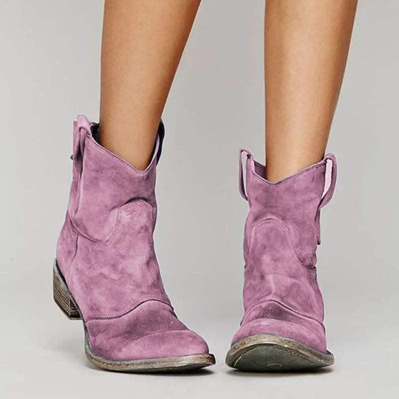 Women's Western Ankle Boots with Embroidered Detail and Cushioned Insole, Slip-On Design