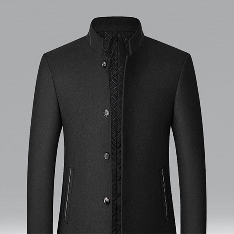 Men's Overcoat with Insulated Lining and Stand Collar, Mid-Thigh Length