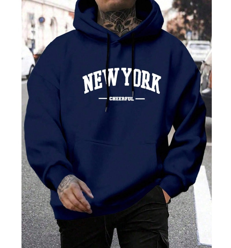 Mens Oversized Pullover Hoodie with Dropped Shoulders and Collegiate Chest Print