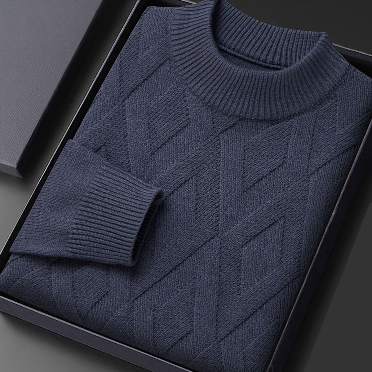Close Fit Mock Neck Sweater with Diagonal Knit and Ribbed Cuffs