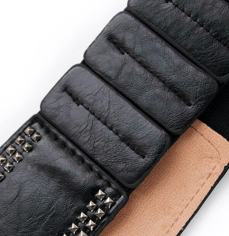 Women's Wide Studded Belt with Ring Buckle - Elastic Waist Belt