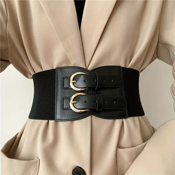 Women's Wide Elastic Waist Belt with Double Gold-Tone Buckle