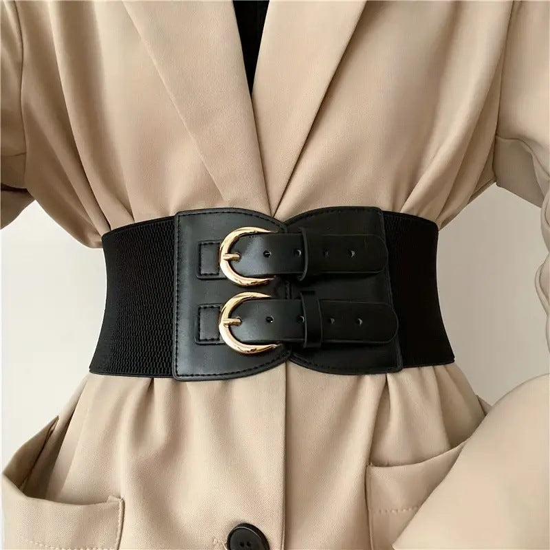Women's Wide Elastic Waist Belt with Double Gold-Tone Buckle