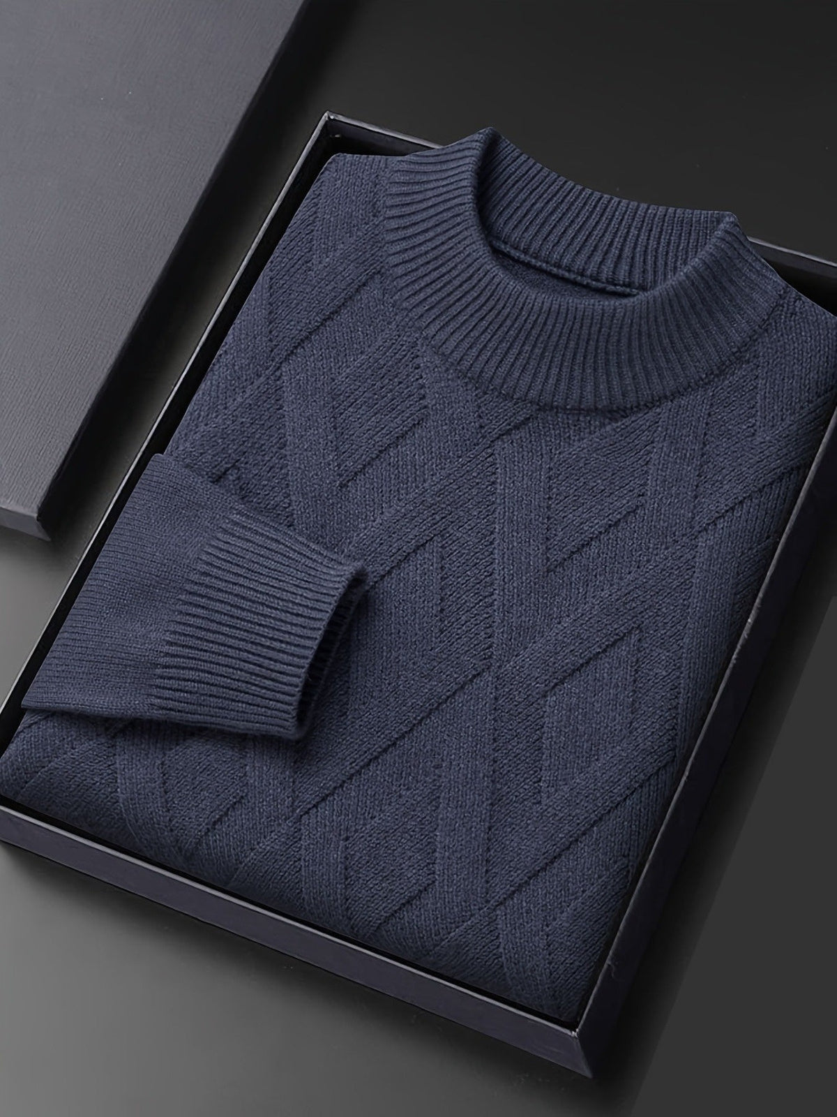 Close Fit Mock Neck Sweater with Diagonal Knit and Ribbed Cuffs