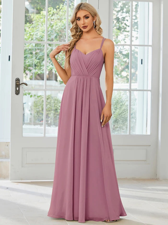 Women's V-Neck Ruched Bodice A-Line Floor Length Maxi Dress