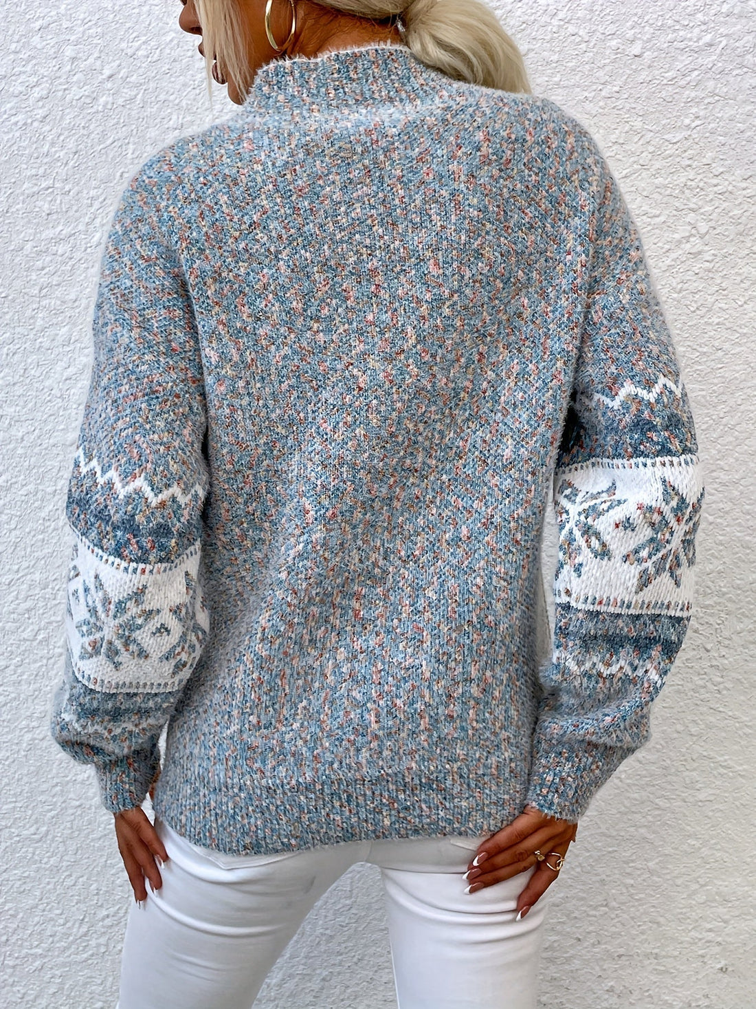 Relaxed Fit Knit Sweater with Mock Neck and Snowflake Pattern