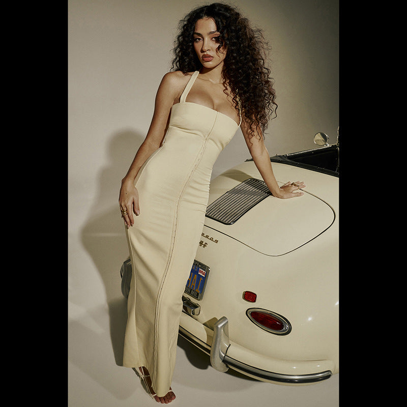 Women's Halter Neck Bodycon Maxi Dress - Front Zip - Back Split Hem