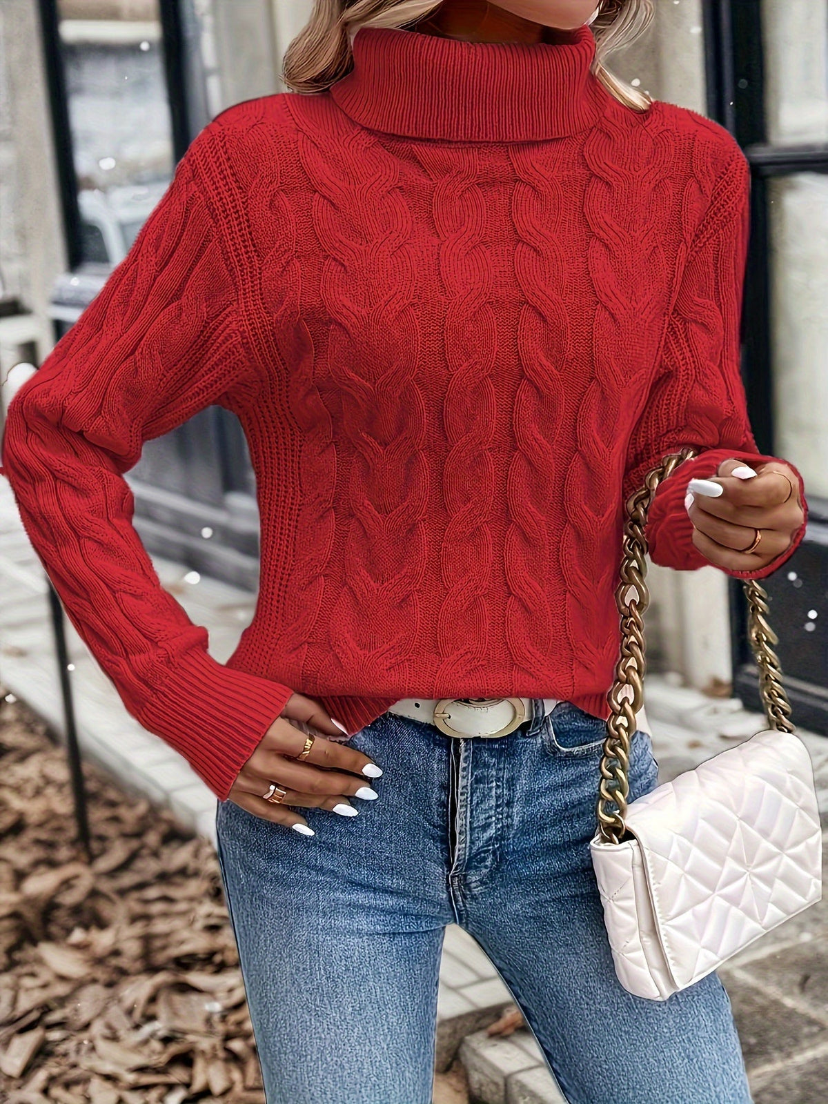 Turtleneck Sweater with Cable Knit Pattern and Relaxed Fit, Full Length Sleeves
