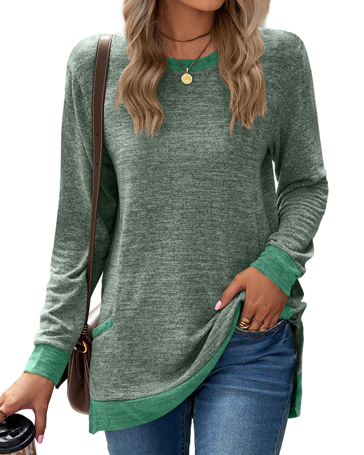 Women's Cotton Blend Pullover with Round Neckline and Front Pocket, Mid-Length Relaxed Fit