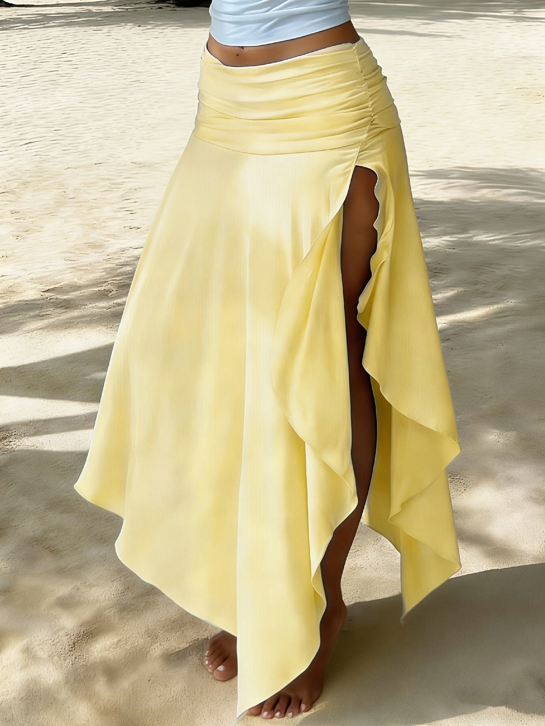 Women's Ruched Waist Asymmetric Ruffle Hem Maxi Skirt