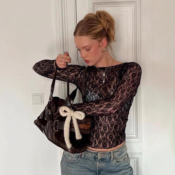Women's Crew Neck Long Sleeve Sheer Lace Crop Top