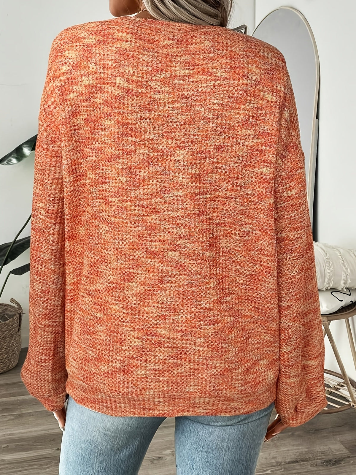 Waffle Knit Pullover with Round Neckline and Extended Hip Length