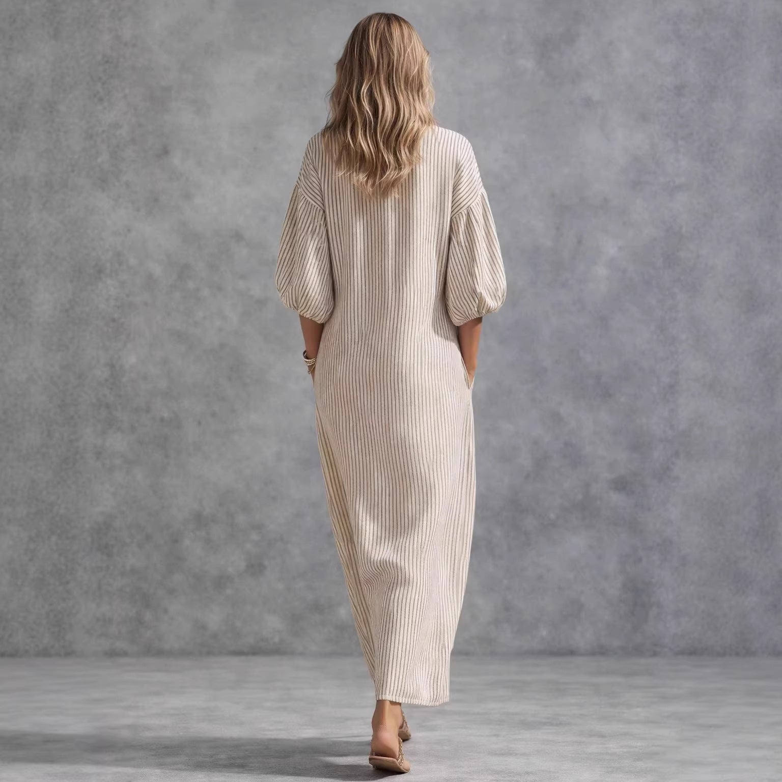 Women's Striped V-Neck Maxi Dress - Half Sleeve - Front Slit - Pockets