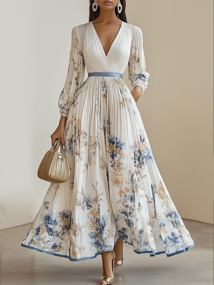 Women's Floral Maxi Dress V-Neck Long Sleeve Wrap Style
