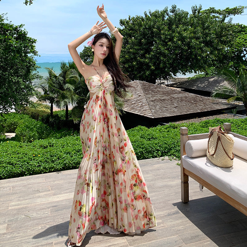Women's Floral Halter Neck Pleated Open Back Maxi Dress - Cut Out