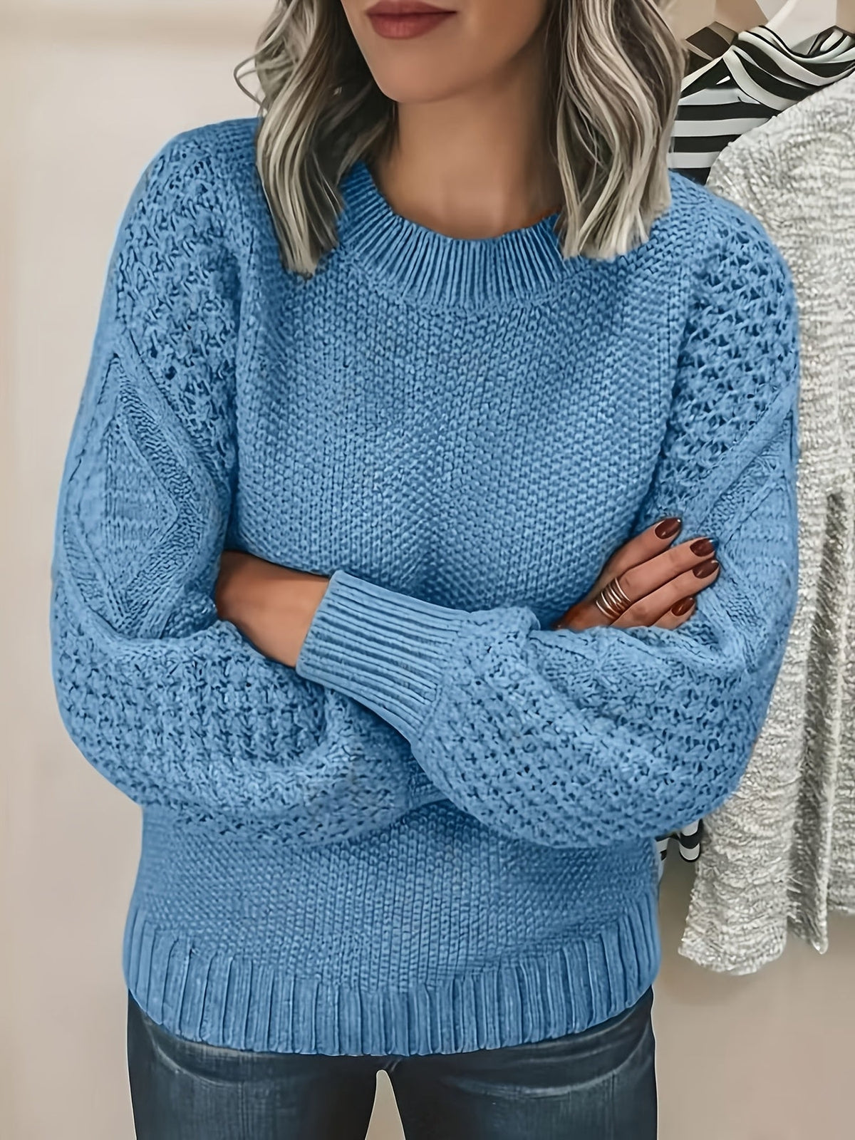 Oversized Knit Sweater with Lantern Sleeves and Hip Length