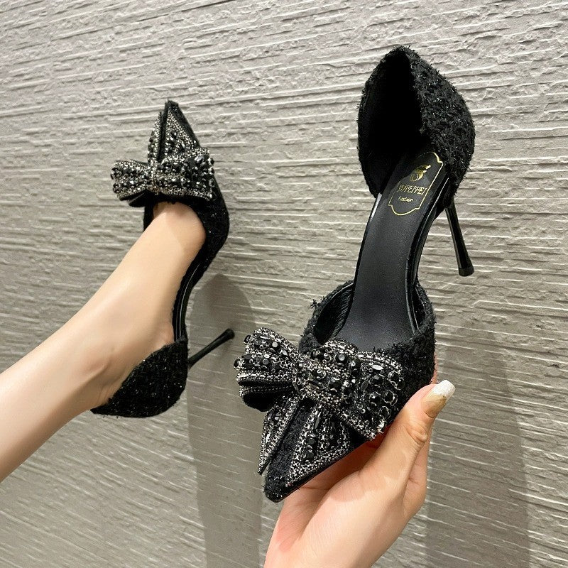 Women's Stiletto Heels - Pointed Toe - Embellished Bow Detail - D'Orsay Cut