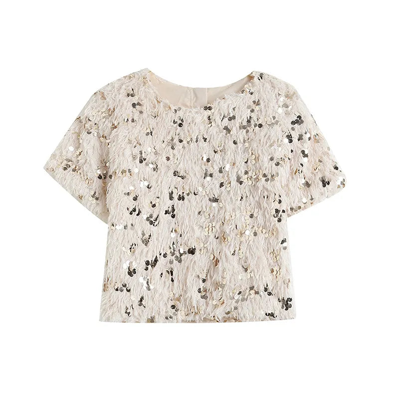 Women’s Embellished Feather-Effect Blouse with Sequin Detail – Refined Evening Style