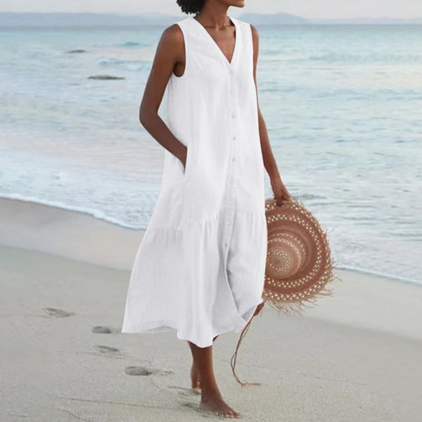 Women's Sleeveless V-Neck Button-Front Tiered Midi Dress