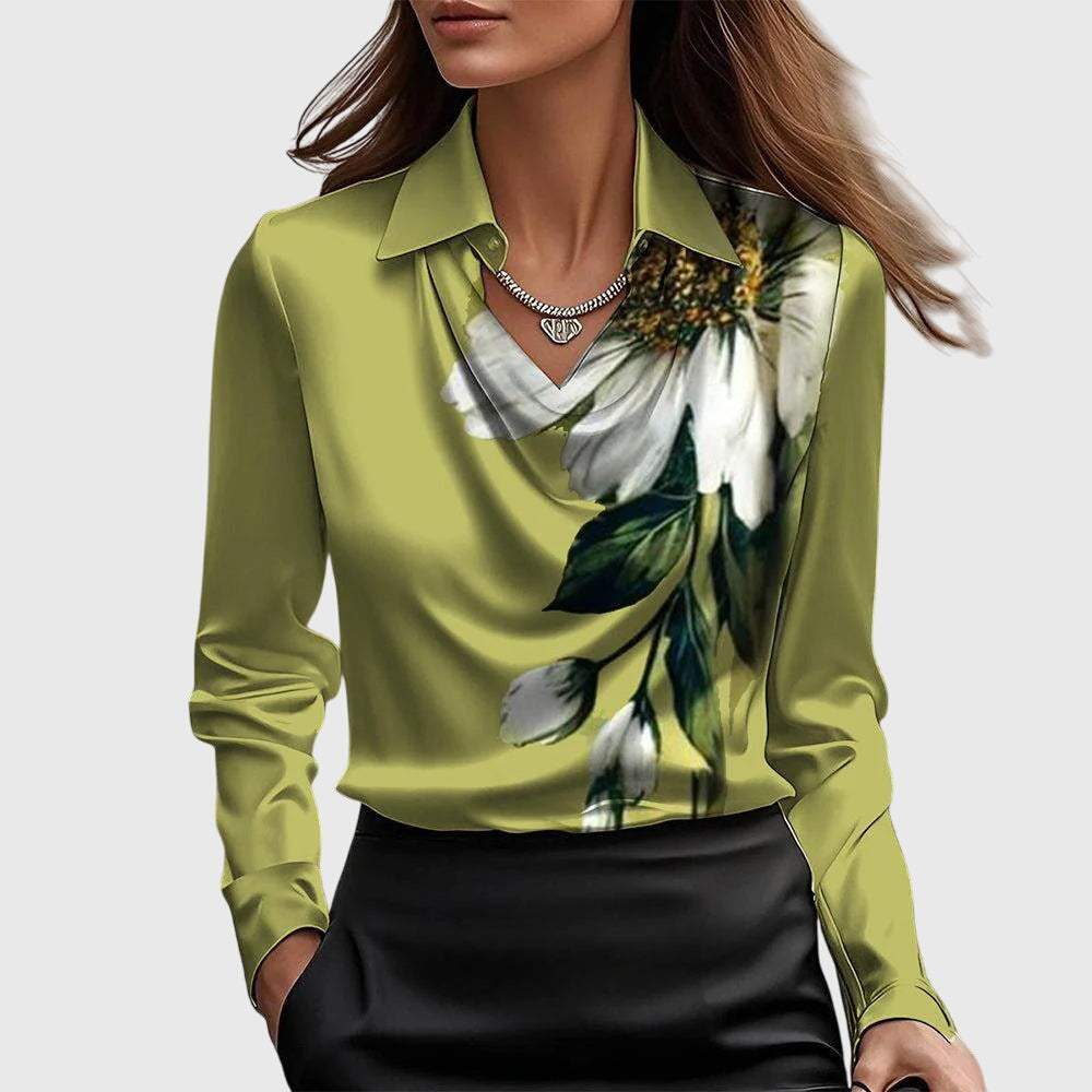 Women's Relaxed Fit Blouse with Draped Neckline and Defined Waist