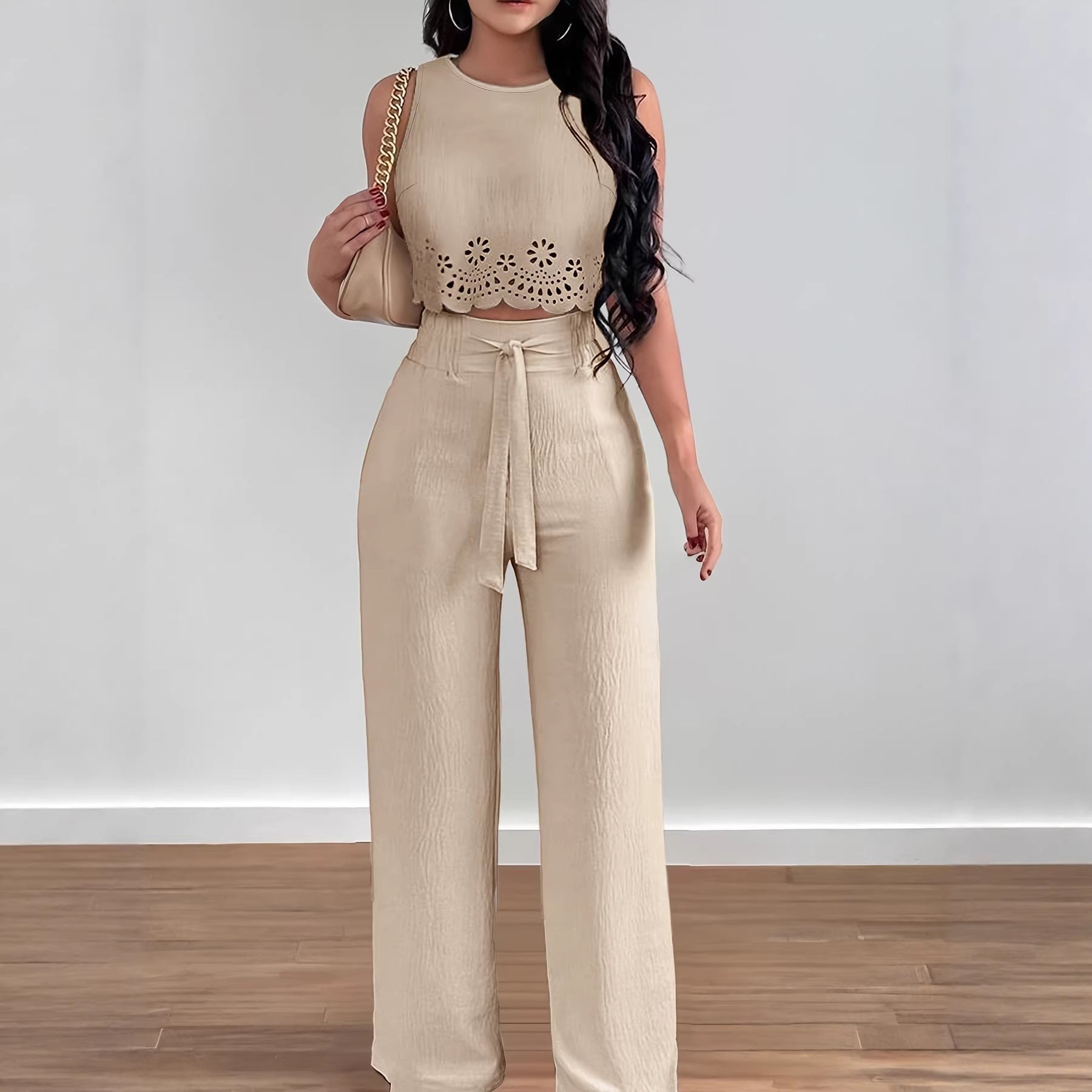 Women's Crew Neck Sleeveless Cutwork Crop Top - Wide Leg Pants Two Piece Set