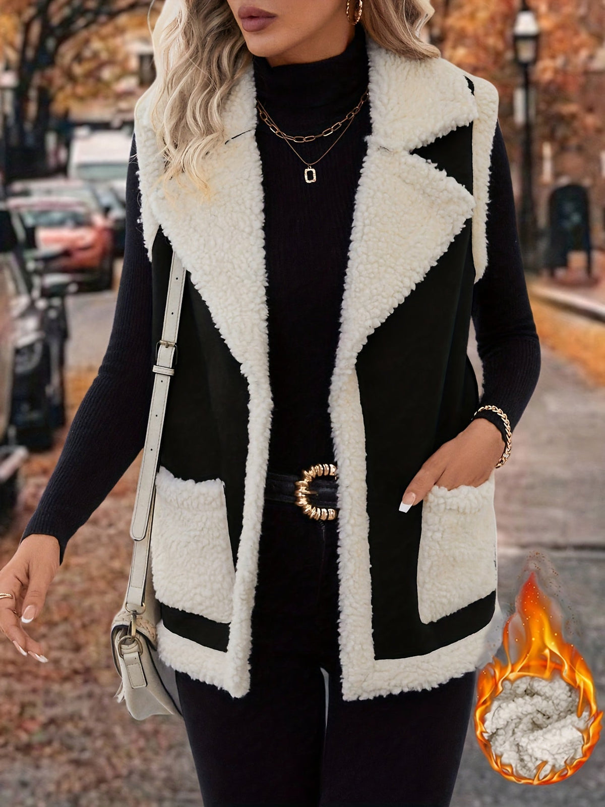 Open Front Vest with Plush Lining and Lapel Collar, Dual Pockets