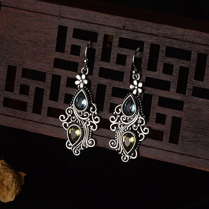 Women's Crystal Multi-Stone Drop Earrings - Filigree Design - Hook Closure