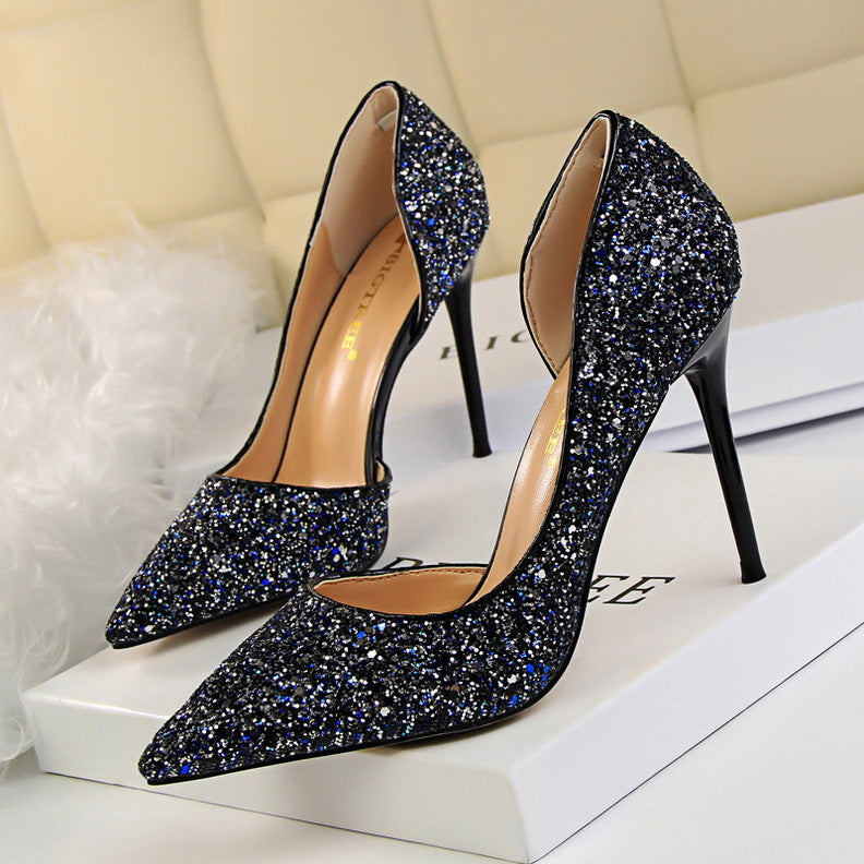 Women's Glitter Stiletto Heels - Pointed Toe - D'Orsay Cut - Slip On
