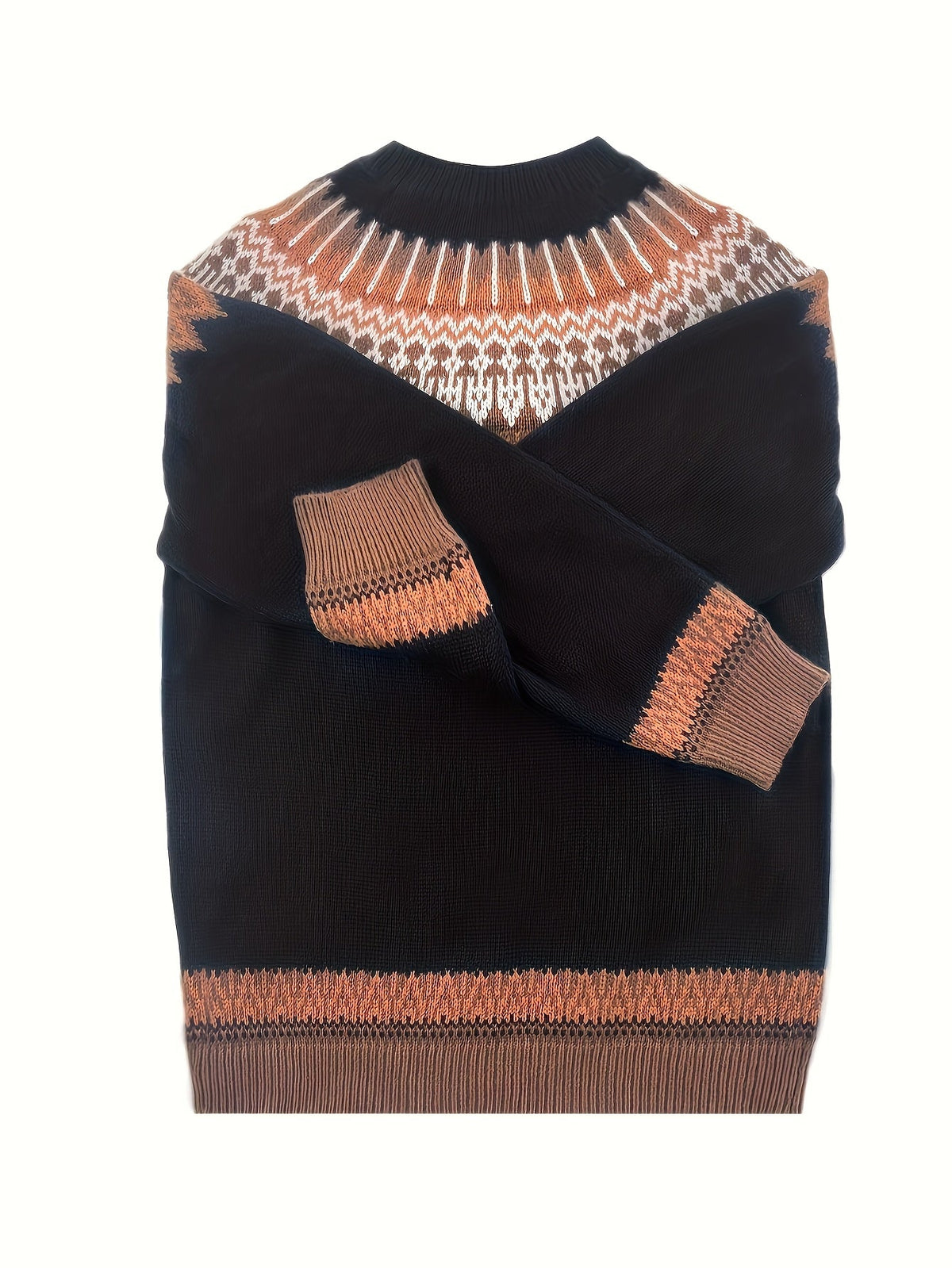 Chunky Knit Sweater with Jacquard Weave Pattern and Round Neck, Hip Length