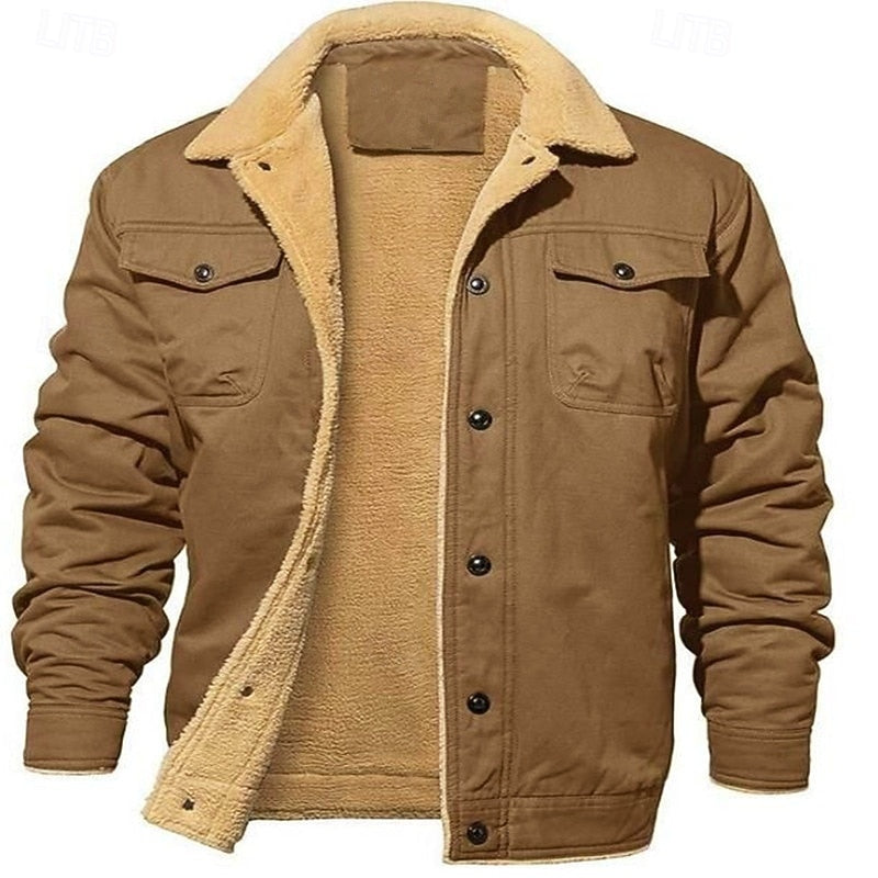 Plush Lined Trucker Jacket with Button Front and Hip Length, Multiple Pockets