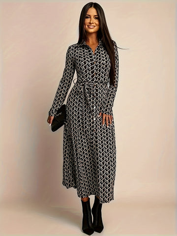 Women's Geo Print Long Sleeve Midi Dress with Shirt Collar and Tie Belt
