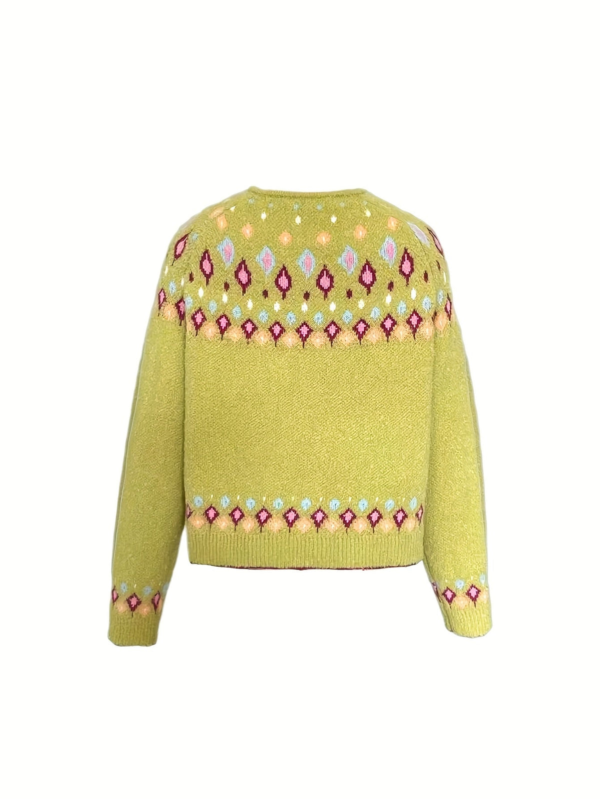 Button Front Cardigan with Nordic Geometric Pattern and V Neckline