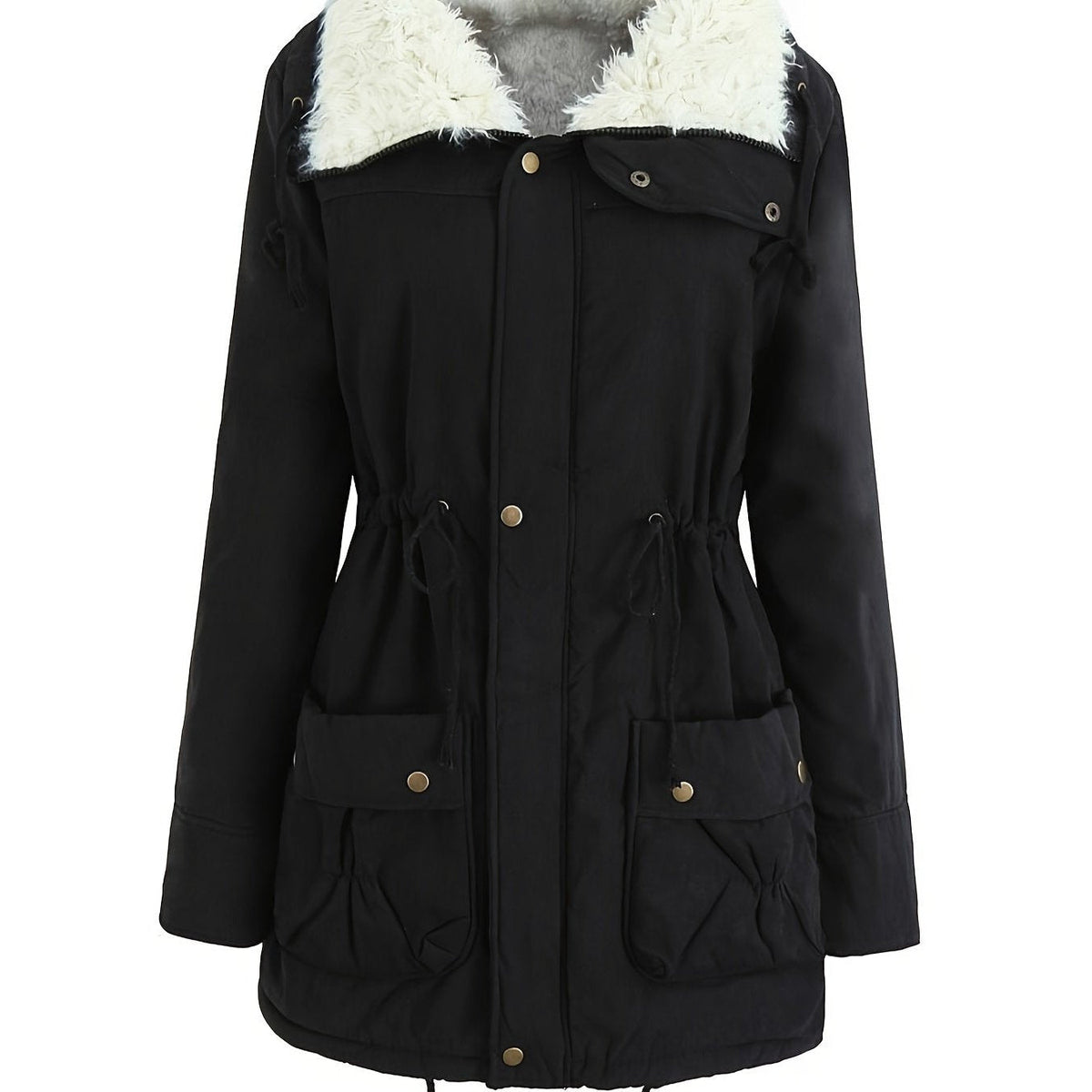 Women's Mid Length Parka with Snap Button Closure and Plush Lining, Adjustable Drawstring