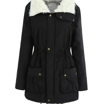 Women's Mid Length Parka with Snap Button Closure and Plush Lining, Adjustable Drawstring