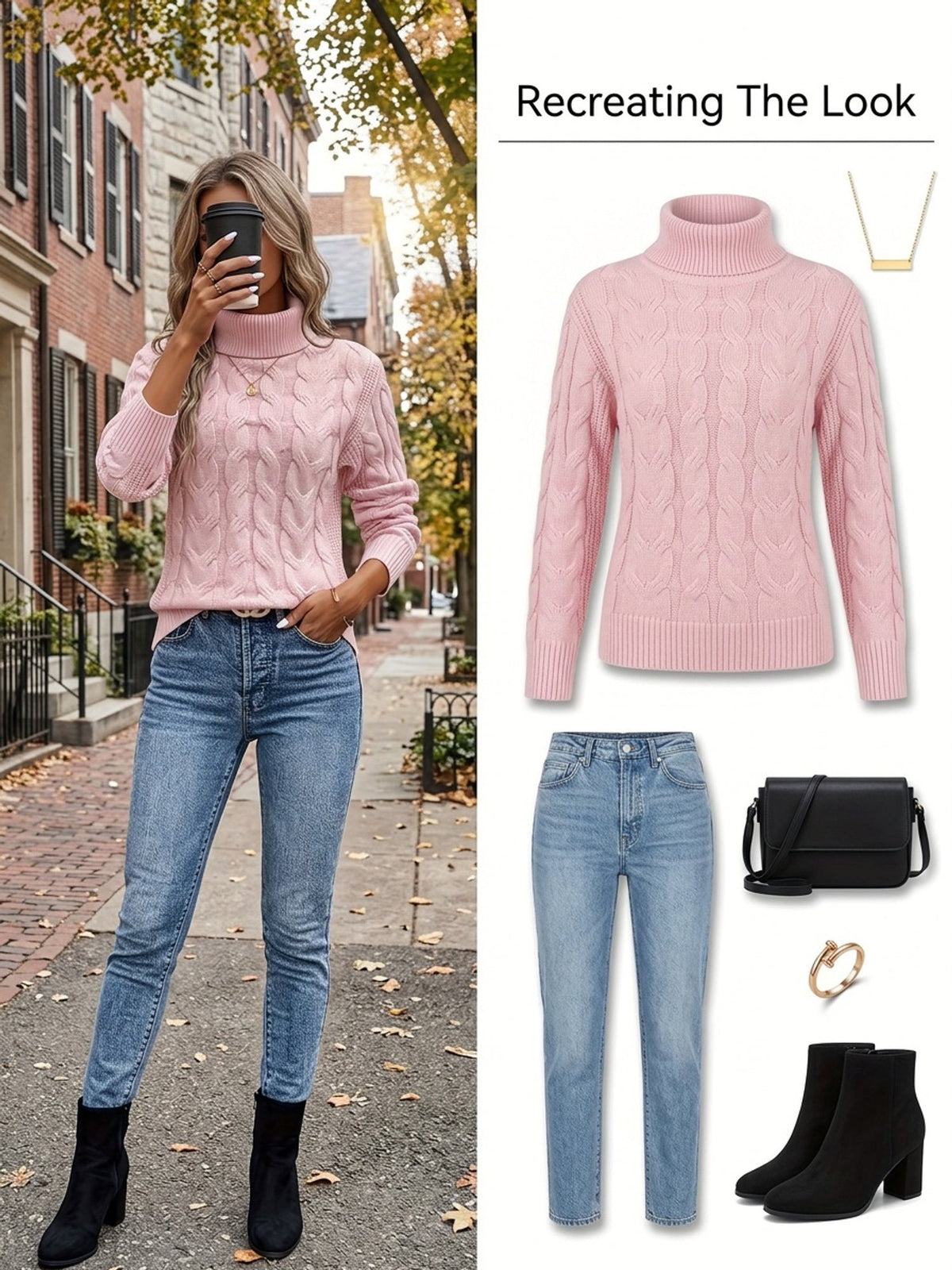 Turtleneck Sweater with Cable Knit Pattern and Relaxed Fit, Full Length Sleeves