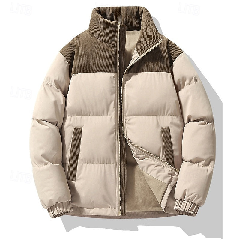 Insulated Puffer Jacket with Stand Collar and Full Zipper, Two Front Pockets