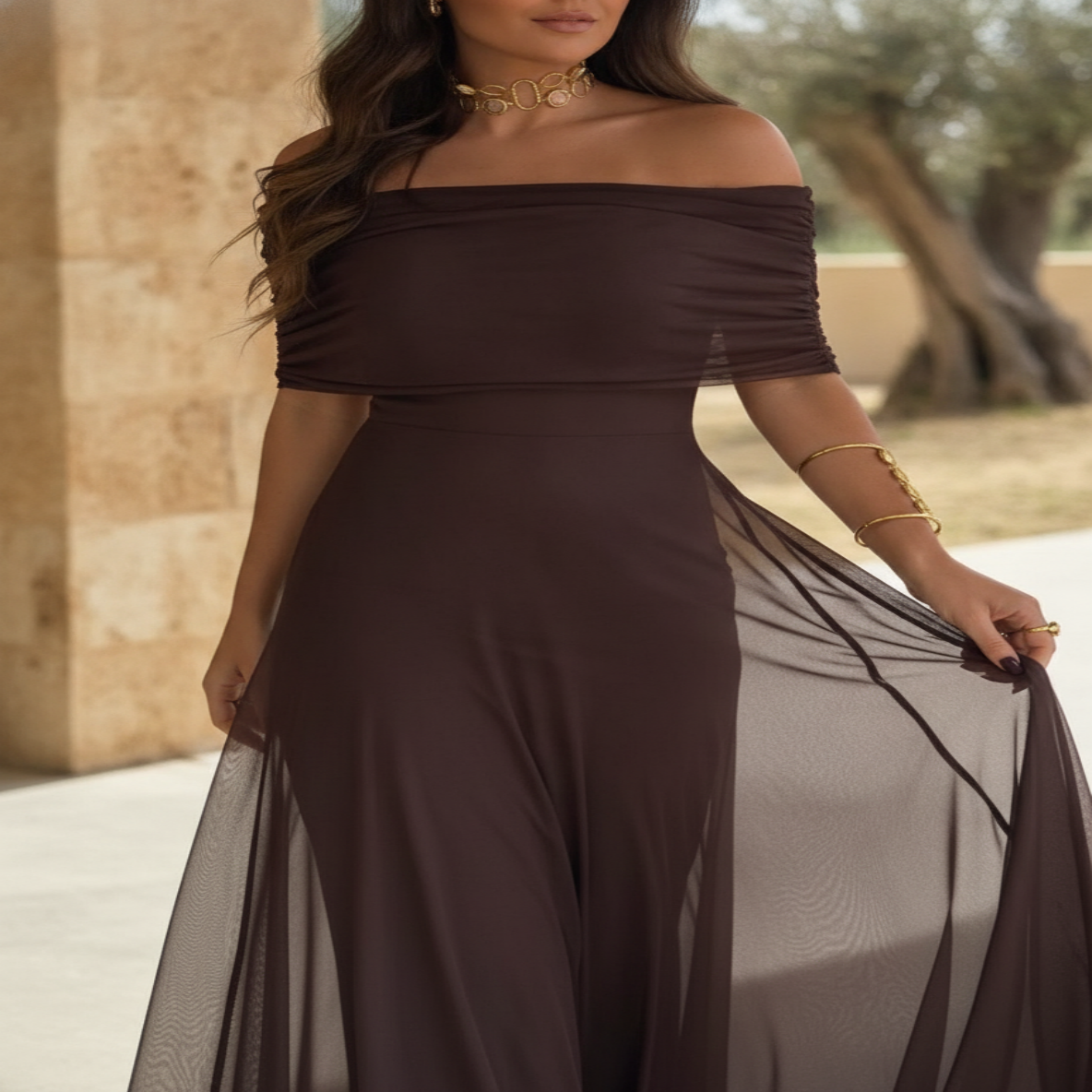 Elegant brown off-shoulder maxi dress for women, perfect for evening parties & special occasions.